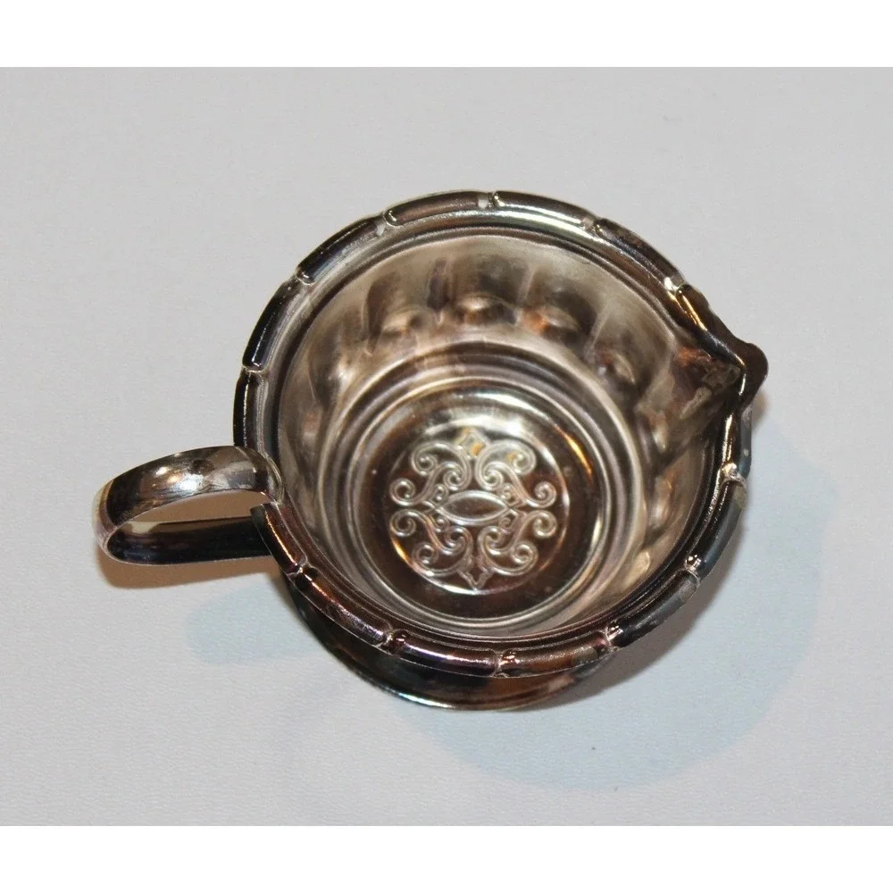 vintage metal cream & sugar bowl set with tray ornate scrollwork 3-pc